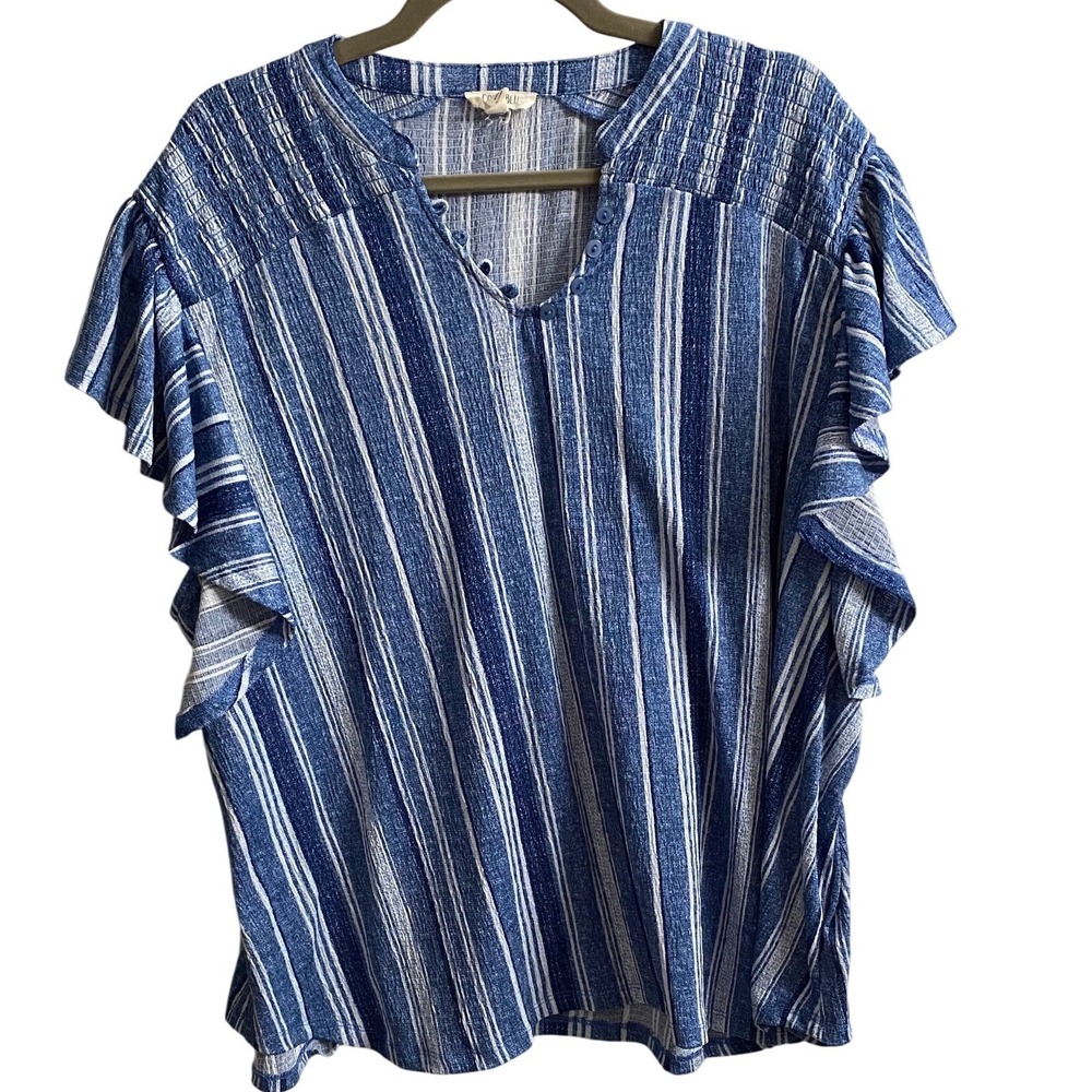 Como Blu Women 3X Blue White Striped Flutter Sleeve V-Neck Top‎ Boho CS14835BCW